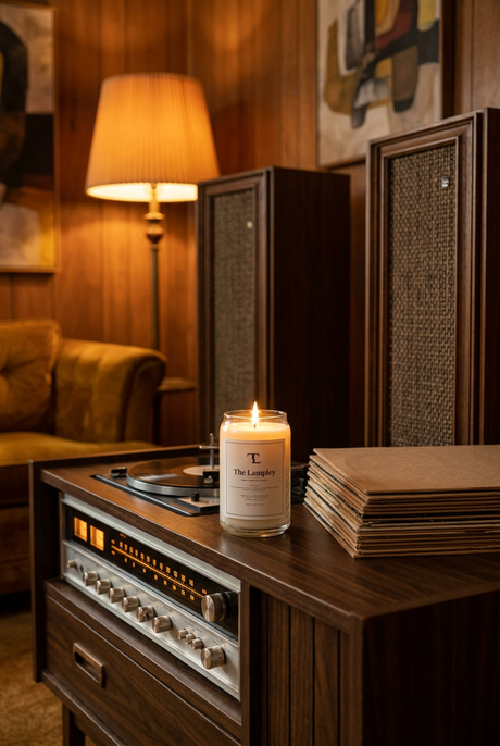 The Lampley 13.75oz hand-poured soy candle on a vintage stereo console with records