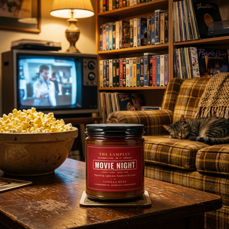 Movie Night candle on a coffee table in a cozy living room with popcorn and VHS tapes