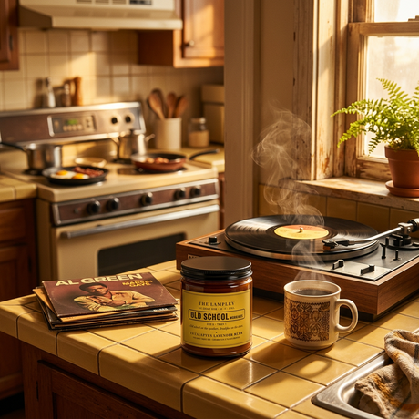 Old School Mornings candle on a sunny kitchen counter with coffee and a turntable