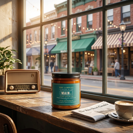 Main Street candle on a cafe window ledge overlooking a small-town Main Street