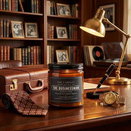 The Businessman candle on an executive desk with a briefcase, tie and gold watch