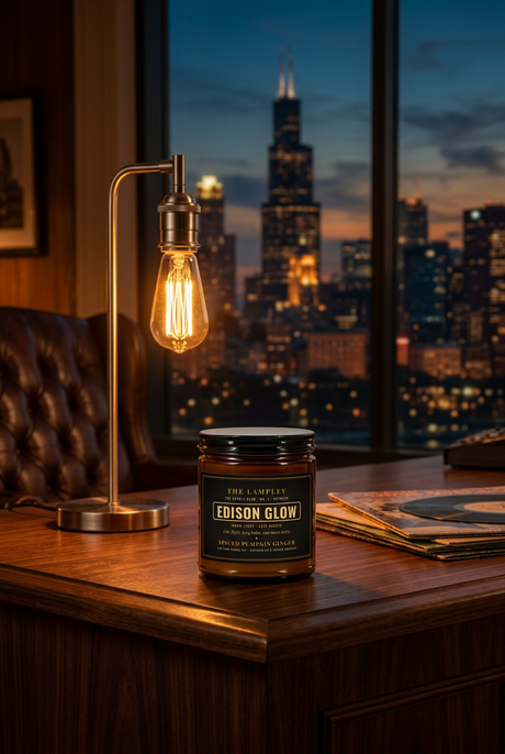Edison Glow candle on a desk in a Chicago office at dusk with an Edison bulb lamp