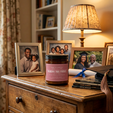 Making You Proud candle on a dresser with family photos and a graduation cap