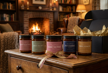 The Lampley Candle Club: a collection of Lampley candles and an open gift box by a fireplace