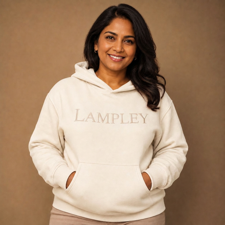 The Lampley cream unisex hoodie with embroidered LAMPLEY lettering