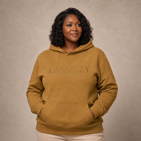 The Lampley gold unisex hoodie with embroidered LAMPLEY lettering