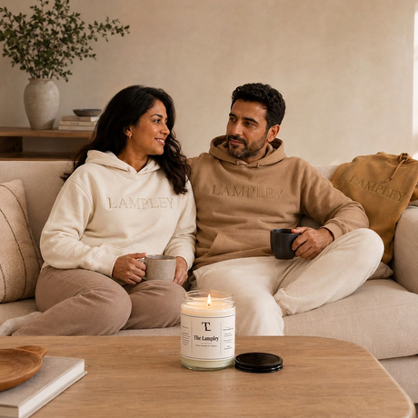 The Comfort Bundle: Lampley hoodies with embroidered LAMPLEY lettering and a hand-poured soy candle