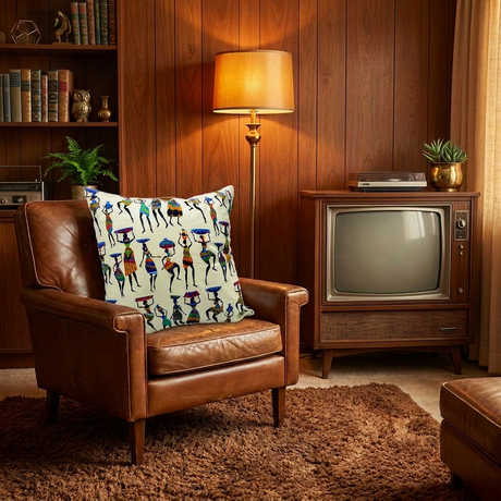 Cream multicolor African print pillow cover on a vintage leather armchair in a wood-paneled den