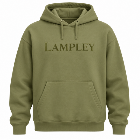 The Lampley olive hoodie with embroidered LAMPLEY lettering