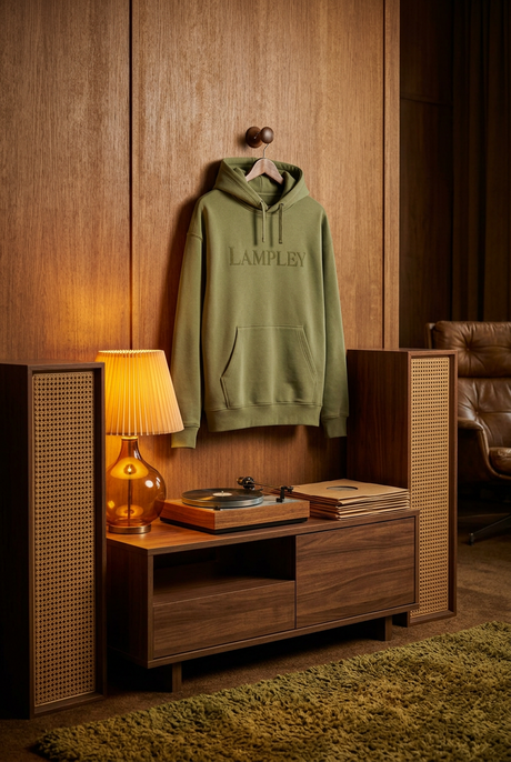 The Lampley olive hoodie hanging beside a record player in a wood-paneled room