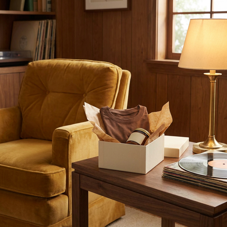 Mystery Unwind Box on a walnut side table beside a mustard velvet armchair