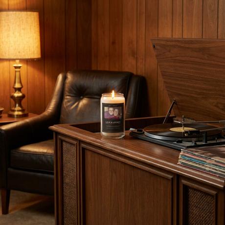 Love & Legacy 13.75oz candle lit on a vintage stereo console