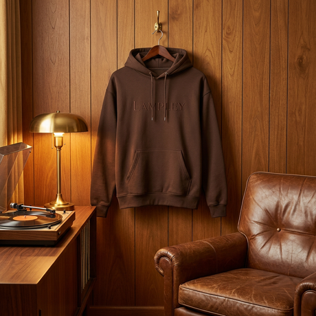 Chocolate Lampley hoodie hanging on a wood-paneled wall in a vintage den
