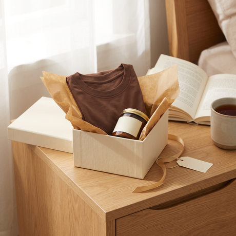 The Lampley Mystery Unwind Box, a cream gift box with camel tissue, a surprise tee and hand-poured soy candle inside