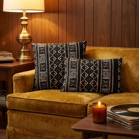 Tribal mud cloth pillows on a mustard sofa in a vintage den