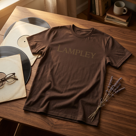 The Lampley chocolate unisex t-shirt laid flat beside vintage vinyl records