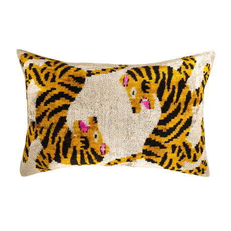Bengali silk velvet ikat pillow cover with yellow tigers on ivory
