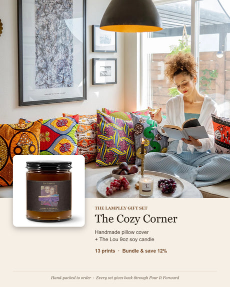 The Cozy Corner Gift Set: handmade Lampley pillow covers in a sunny reading nook with The Lou soy candle