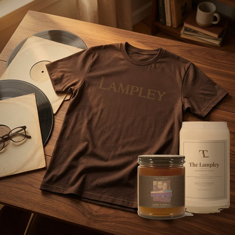The Everyday Bundle: a chocolate Lampley tee with The Lou 9oz candle and the 13.75oz Lampley candle beside vintage records