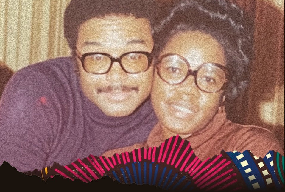 Lou Lampley and his wife, collage artwork with African print