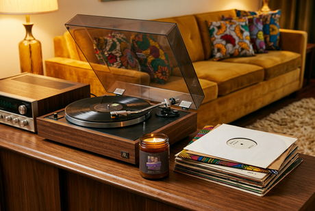 The Lou Light a Legacy soy candle beside a turntable in a vintage den