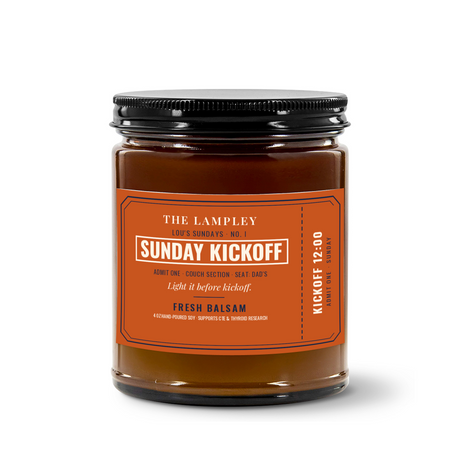 Sunday Kickoff 4oz amber jar soy candle, Fresh Balsam, orange game-day ticket label