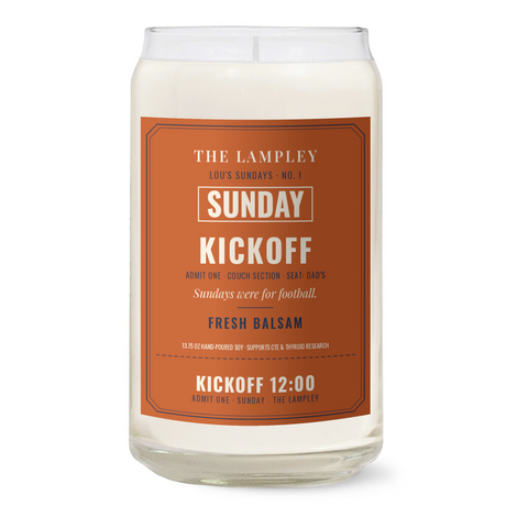 Sunday Kickoff 13.75oz clear jar soy candle, Fresh Balsam, orange game-day ticket label