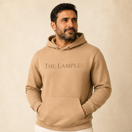 The Lampley camel unisex hoodie with embroidered logo